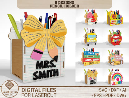 Personalized Teacher Pencil Holder SVG Bundle Laser Cut File File for Glowforge, LightBurn