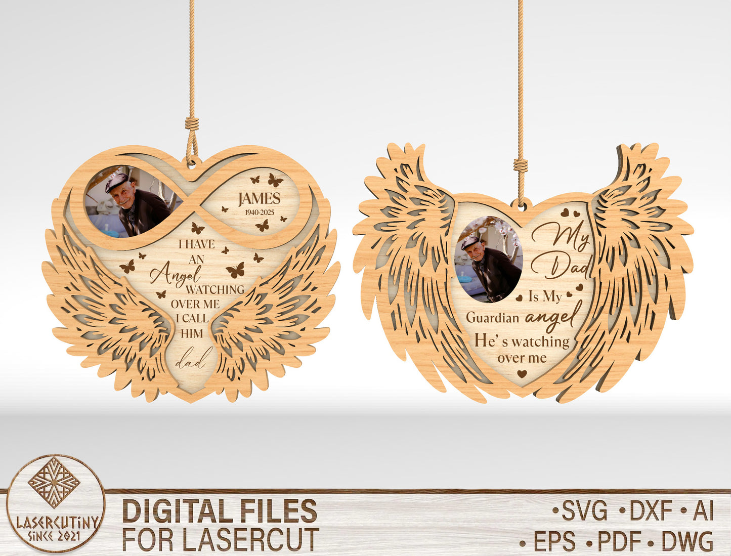 Memorial Angel Wings Ornament SVG In Loving Memory Photo Laser Cut File for LightBurn