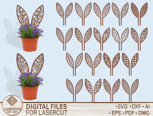 Bunny Ear Plant Stakes SVG – Easter Garden Decor – Wooden Flower Pot Picks Laser Cut File – 20 Designs