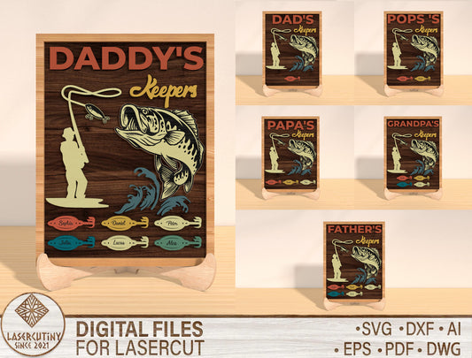Daddy’s Fish Keepers Sign SVG Bundle Laser Cut File | Personalized Fishing Family Decor | Wooden Tabletop Sign | Glowforge, xTool, LightBurn, etc.