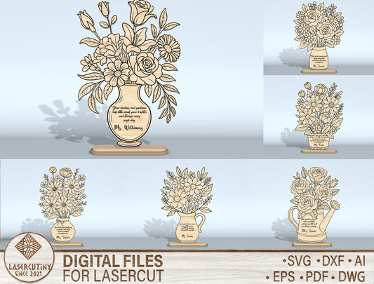Teacher Appreciation Flower Vase SVG Bundle Laser Cut File for Glowforge and xTool