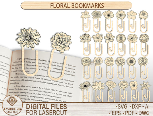 Floral Bookmark Paperclip SVG Bundle Laser Cut File for LightBurn and Glowforge