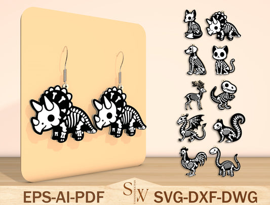 Halloween Animal Skeleton Earrings SVG Bundle Laser Cut File | 10 Spooky Animal Designs | Gothic Jewelry Style | Glowforge, xTool, LightBurn, etc.