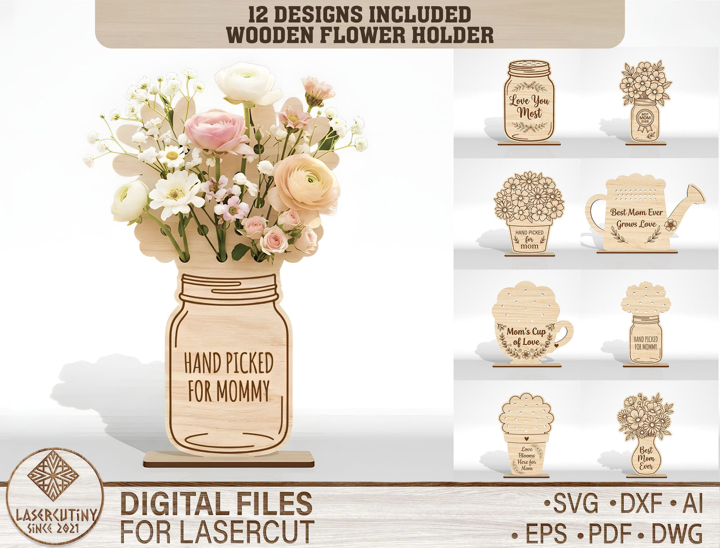 Hand Picked for Mommy Flower Holder SVG Bundle Laser Cut File for LightBurn and xTool
