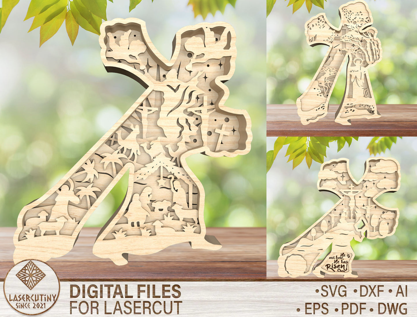 Layered Easter Cross He Is Risen SVG Bundle 3 Designs for LightBurn