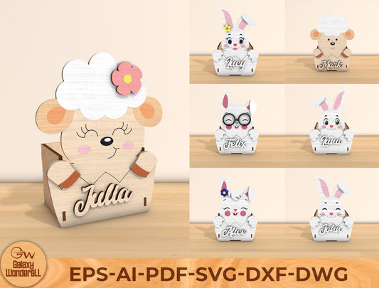 Personalized Easter Animal Basket Laser Cut File | Bunny & Lamb Easter Treat Box | Ready to Cut | Glowforge, xTool, LightBurn, etc.
