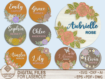 Floral Name Sign SVG Bundle Laser Cut File for Glowforge and xTool