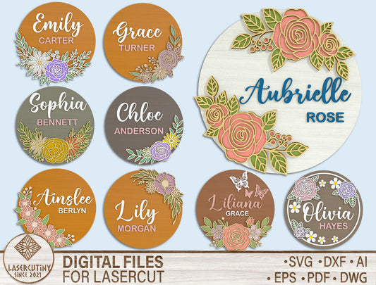 Floral Name Sign SVG Bundle Laser Cut File for Glowforge and xTool