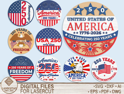 America 250 Round Sign SVG Bundle for Glowforge and xTool