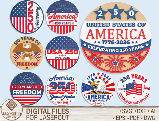 America 250 Round Sign SVG Bundle for Glowforge and xTool