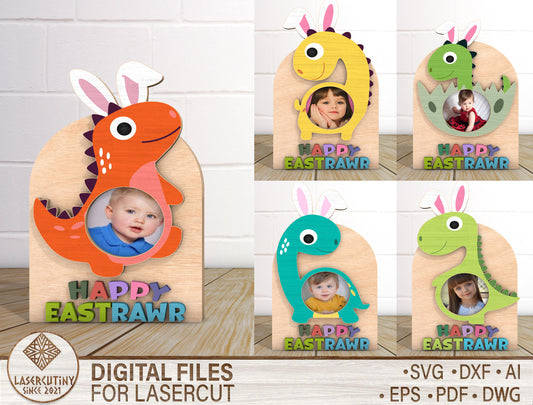 Dinosaur Easter Photo Frame SVG Bundle Kids Bunny Dino for LightBurn