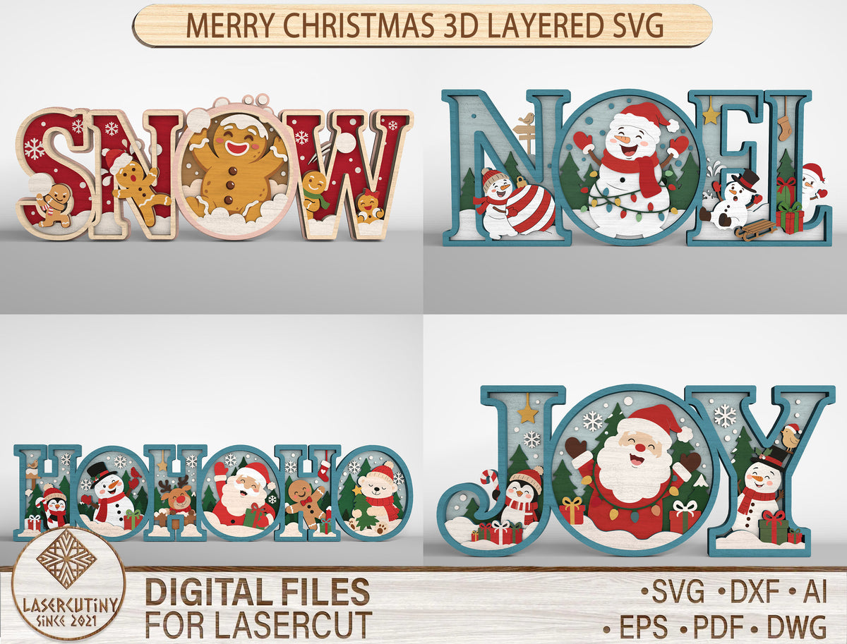 3D Layered Christmas Word Sign SVG Bundle 1