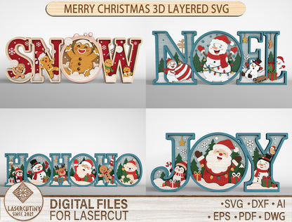 3D Layered Christmas Word Sign SVG Bundle 1