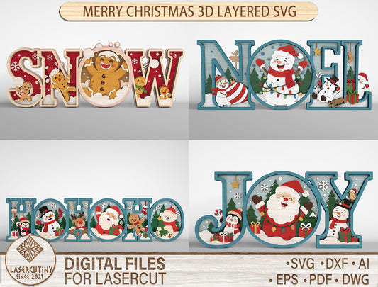 3D Layered Christmas Word Sign SVG Bundle 1