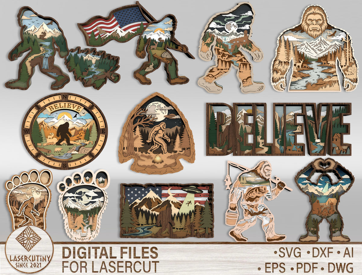 Bigfoot SVG Bundle Layered Forest Sasquatch Laser Cut Designs