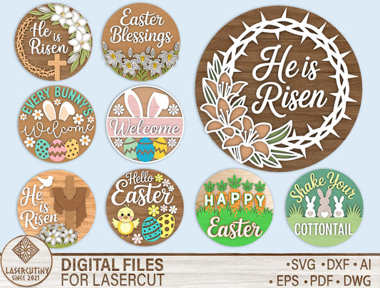 Easter Round Sign Bundle Digital Download | Religious & Floral Laser Cut File | Ready to Cut SVG | Glowforge, xTool, LightBurn, etc.