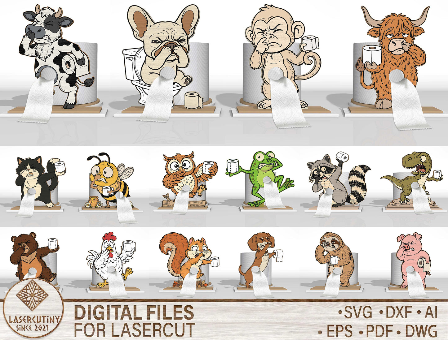 Animal Toilet Paper Holder SVG Bundle for Glowforge and LightBurn