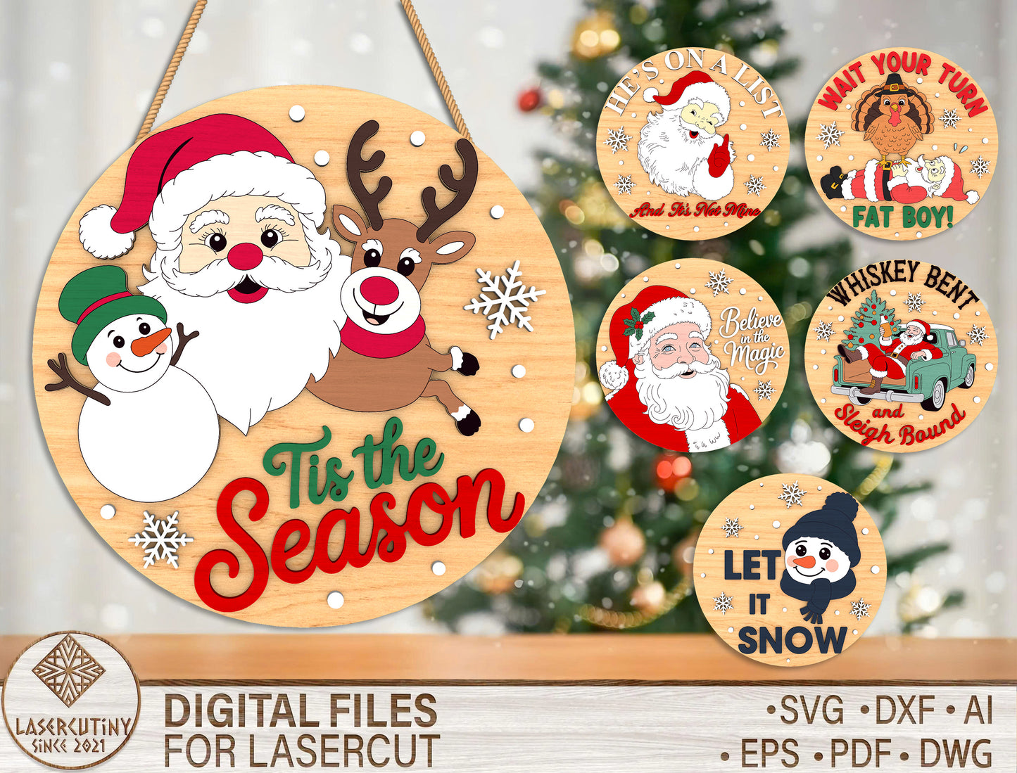 Christmas Round Sign Ornament SVG Bundle Laser Cut File for Glowforge xTool LightBurn