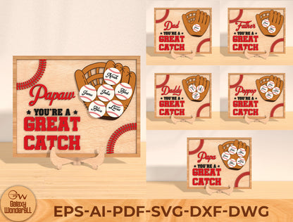 You’re a Great Catch Dad Laser Cut File | Baseball Glove Family Sign | Sports Wooden Decor | Glowforge, xTool, LightBurn, etc.