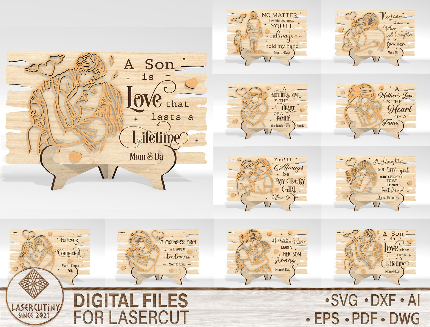 Mom and Baby Line Art Standing Decor SVG Bundle for LightBurn and xTool