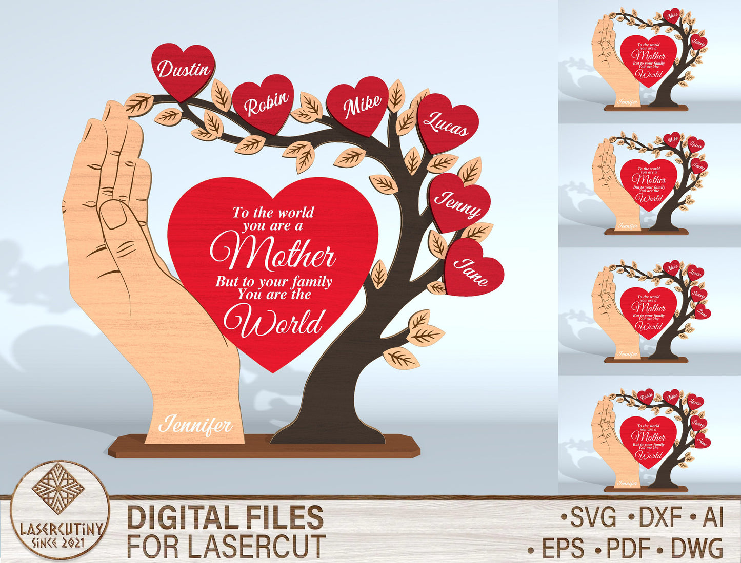 Family Tree Hand Sign SVG Personalized Heart Names for LightBurn