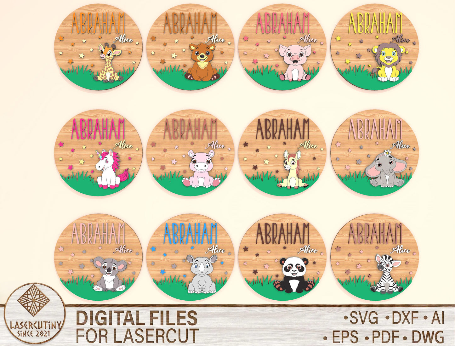 Personalized Baby Animal Name Sign SVG Bundle for xTool and Glowforge