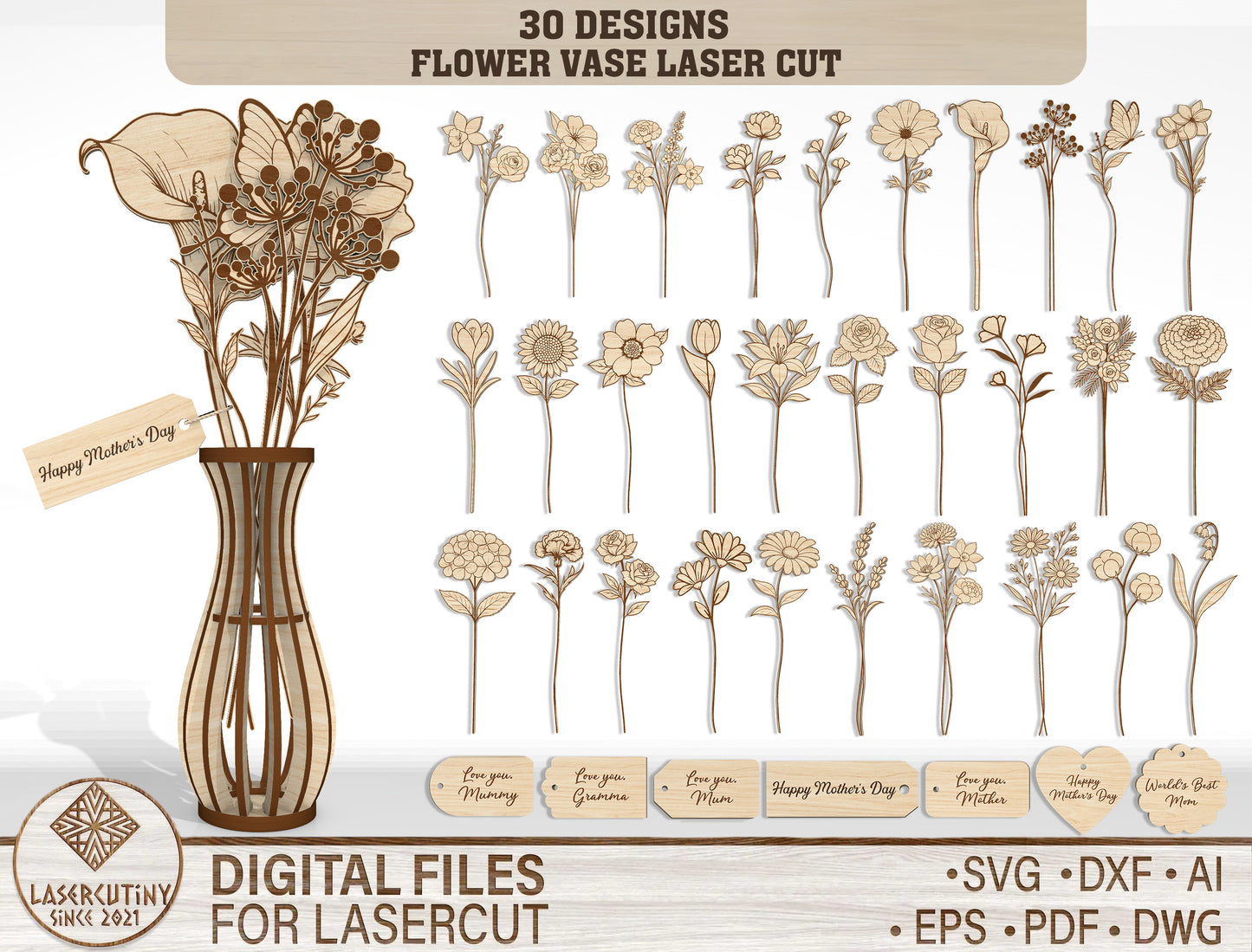 Slot-In Interchangeable Flower Vase SVG Laser Cut File for Glowforge and LightBurn