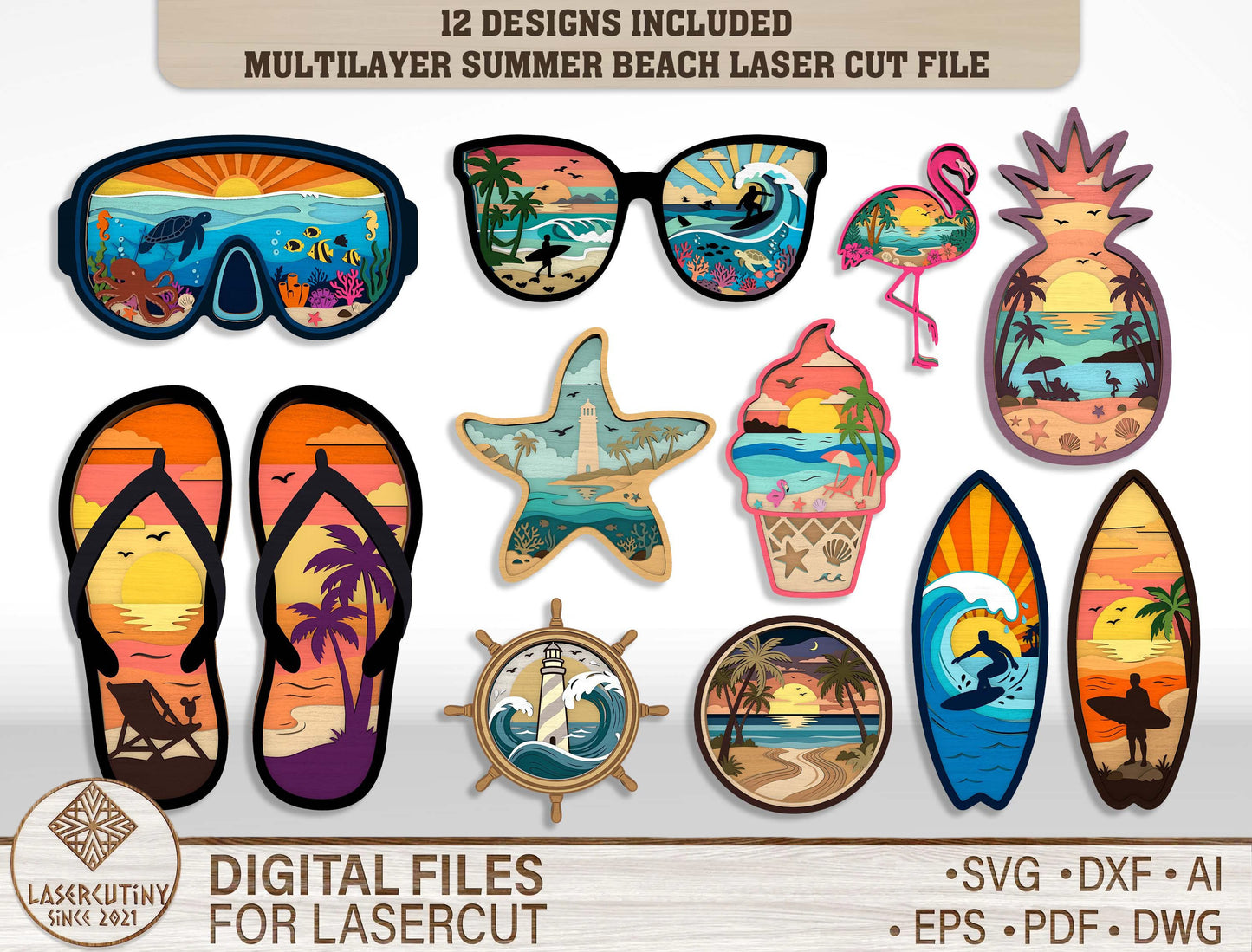 Summer Beach Laser Cut File Bundle for Glowforge xTool LightBurn 12 Multilayer Tropical SVG Designs