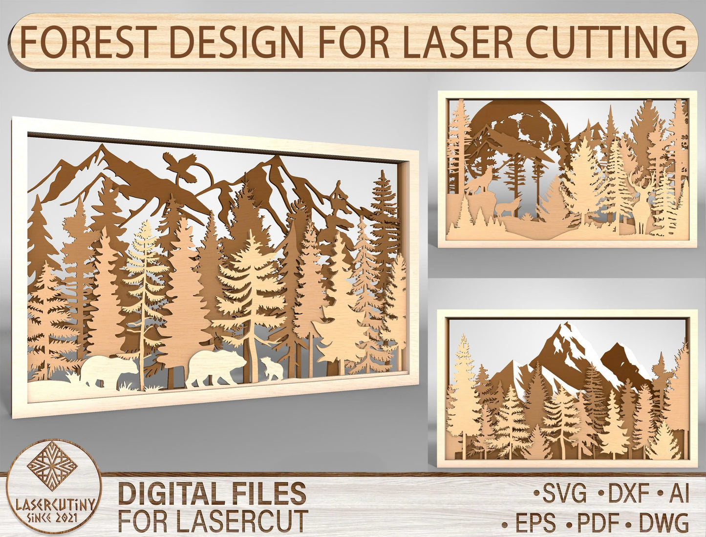 Mountain Wildlife Layered Wall Art SVG for Glowforge and xTool Laser Cut File