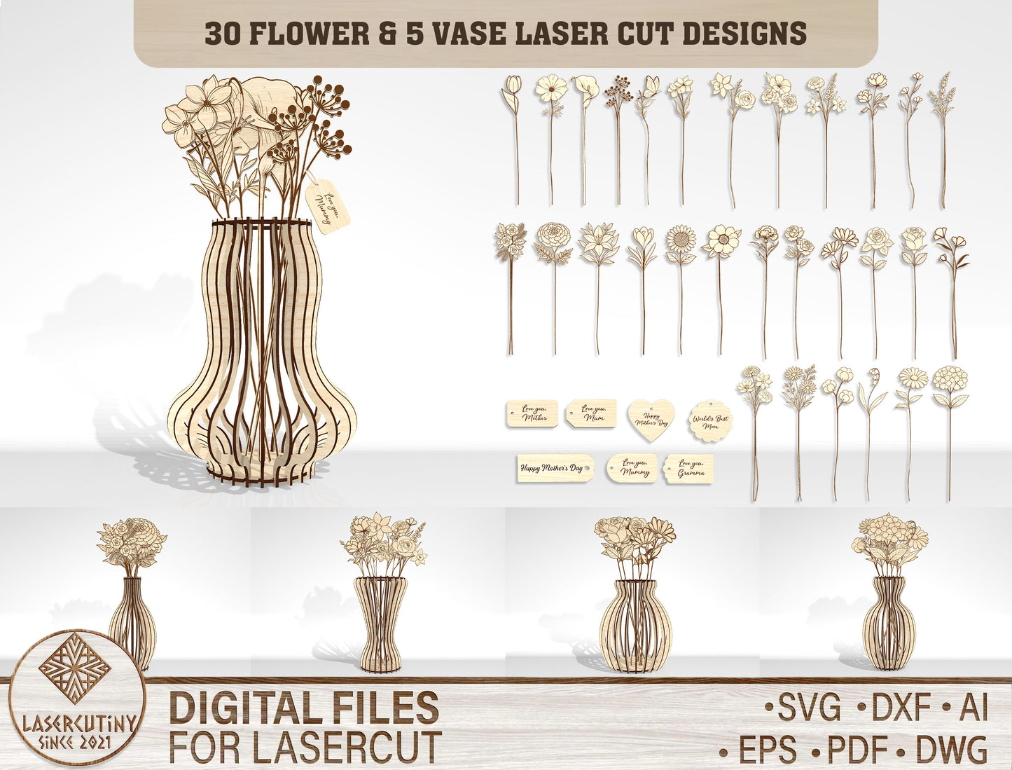 Flower Vase SVG Bundle Laser Cut File for xTool and Glowforge
