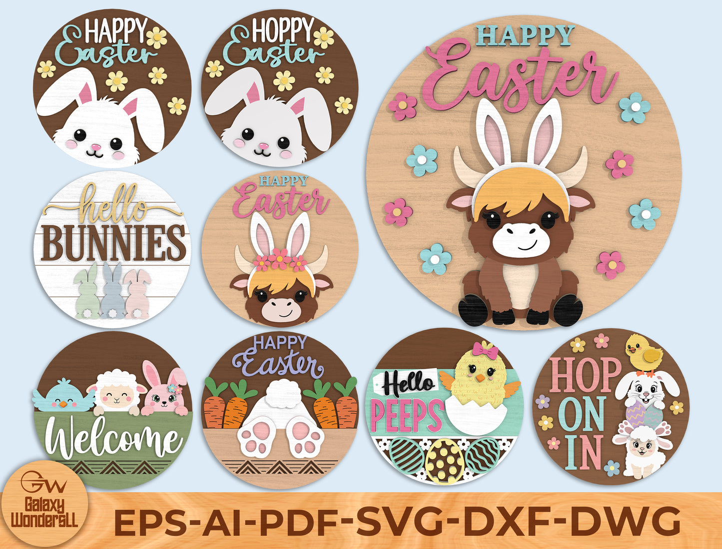 Easter Round Door Sign SVG Bundle Laser Cut File | 9 Cute Easter Designs | Spring Wooden Decor | Glowforge, xTool, LightBurn, etc.