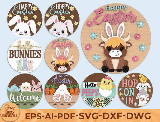 Easter Round Door Sign SVG Bundle Laser Cut File | 9 Cute Easter Designs | Spring Wooden Decor | Glowforge, xTool, LightBurn, etc.