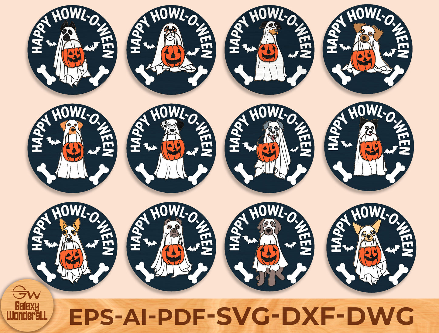 Happy Howl-O-Ween Dog SVG Bundle Laser Cut File | 12 Halloween Dog Designs | Funny Pet Decor | Glowforge, xTool, LightBurn, etc.