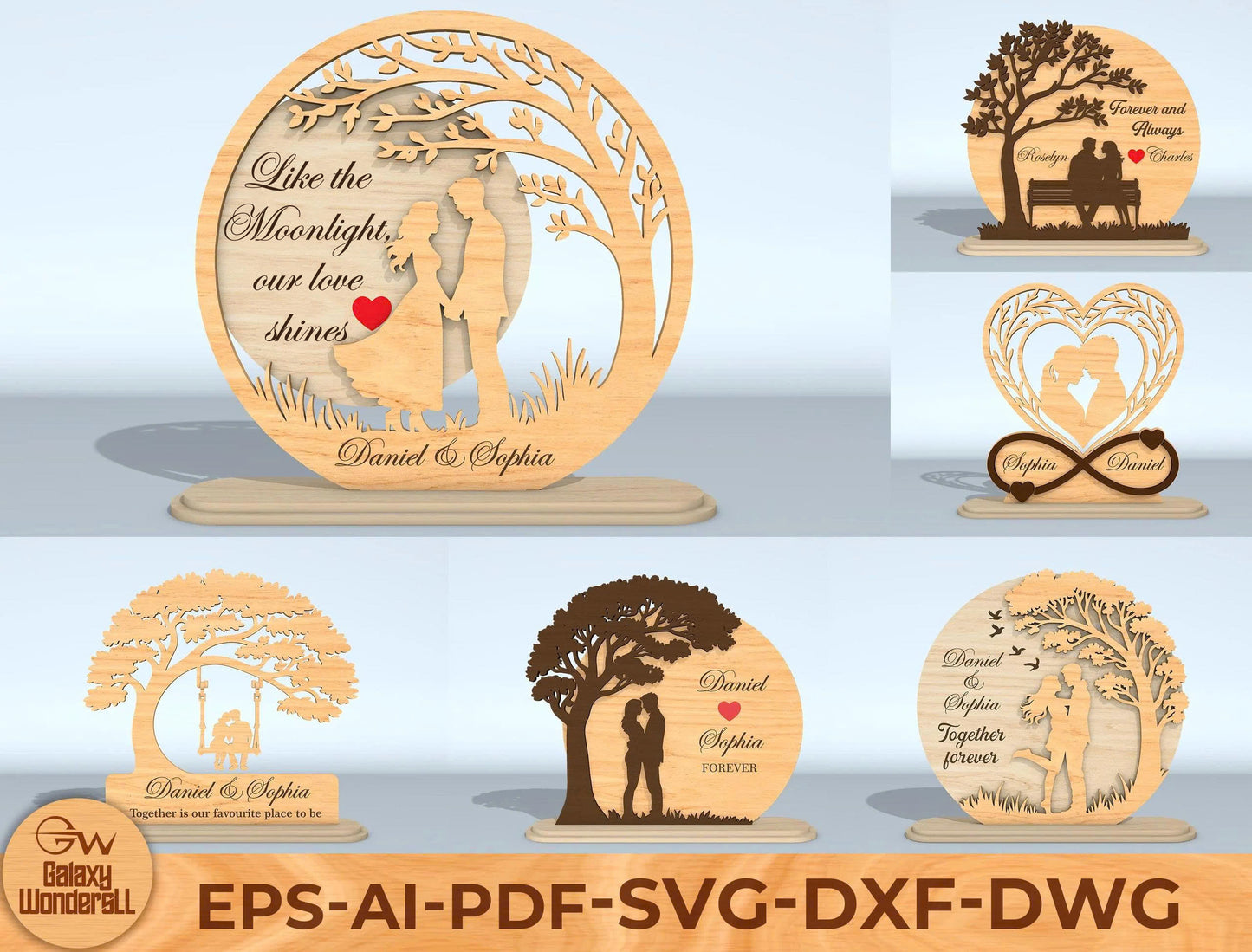 Personalized Romantic Couple Wooden Silhouette Laser Cut File Bundle | Love Tabletop Decor | Anniversary Gift Set | Glowforge, xTool, LightBurn, etc.