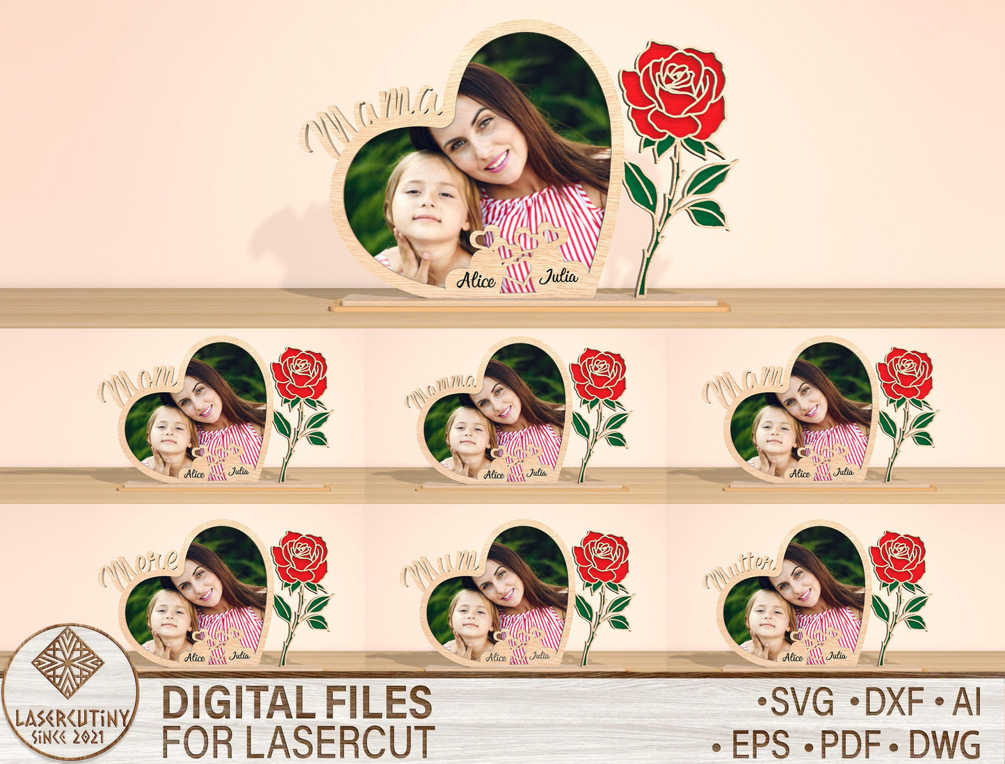 Mama Heart Photo Frame SVG Floral Wooden Stand for Glowforge and xTool