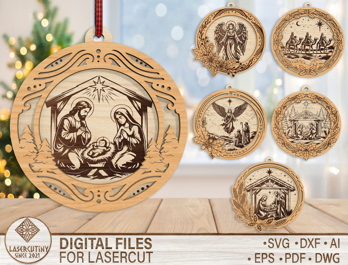 Nativity Ornament SVG Bundle 6 Christian Christmas Laser Cut Designs