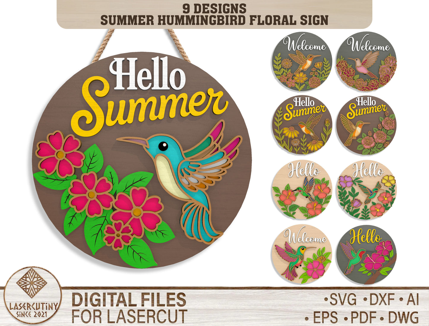 Summer Hummingbird Floral Sign Bundle SVG Laser Cut File for xTool and Glowforge