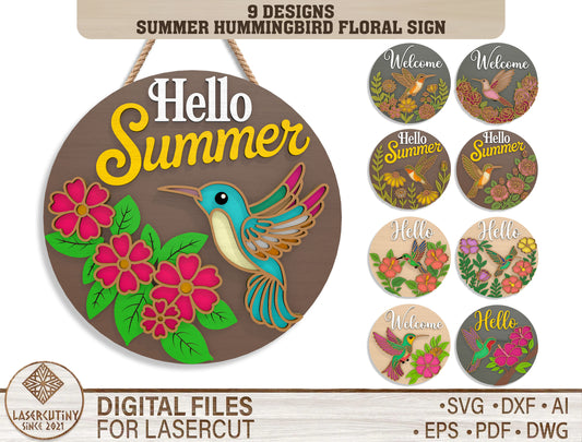 Summer Hummingbird Floral Sign Bundle SVG Laser Cut File for xTool and Glowforge