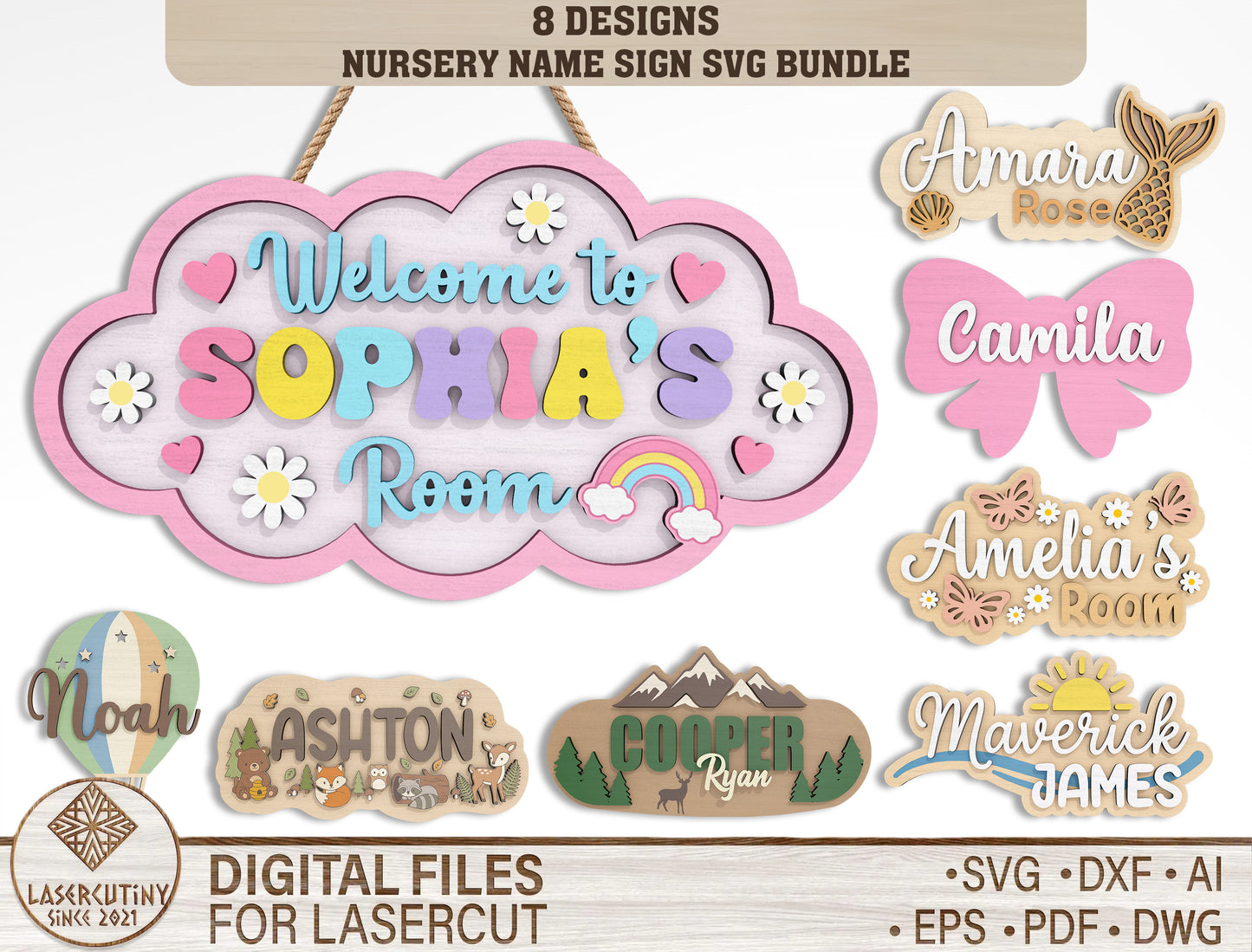 Nursery Name Sign SVG Bundle – Kids Room Decor for Glowforge and xTool