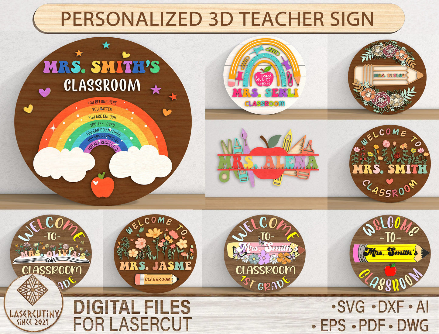 Personalized 3D Teacher Door Sign SVG Bundle Classroom Decor Laser Cut File for xTool