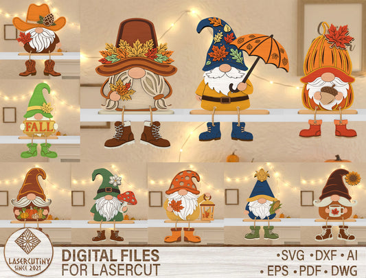 Fall Gnome Shelf Sitter SVG Bundle for Glowforge xTool LightBurn 10 Designs