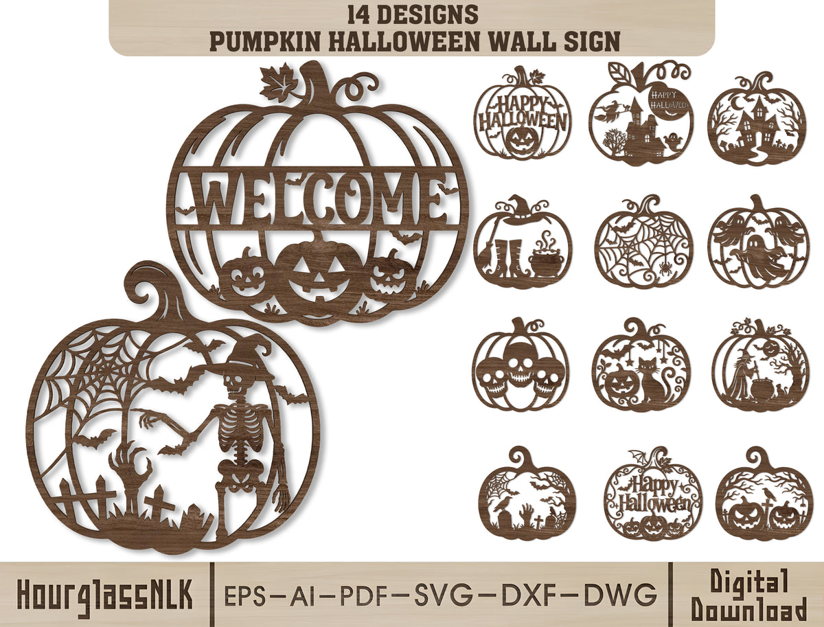 Halloween Pumpkin Wall Sign SVG Bundle 14 Laser Cut Designs