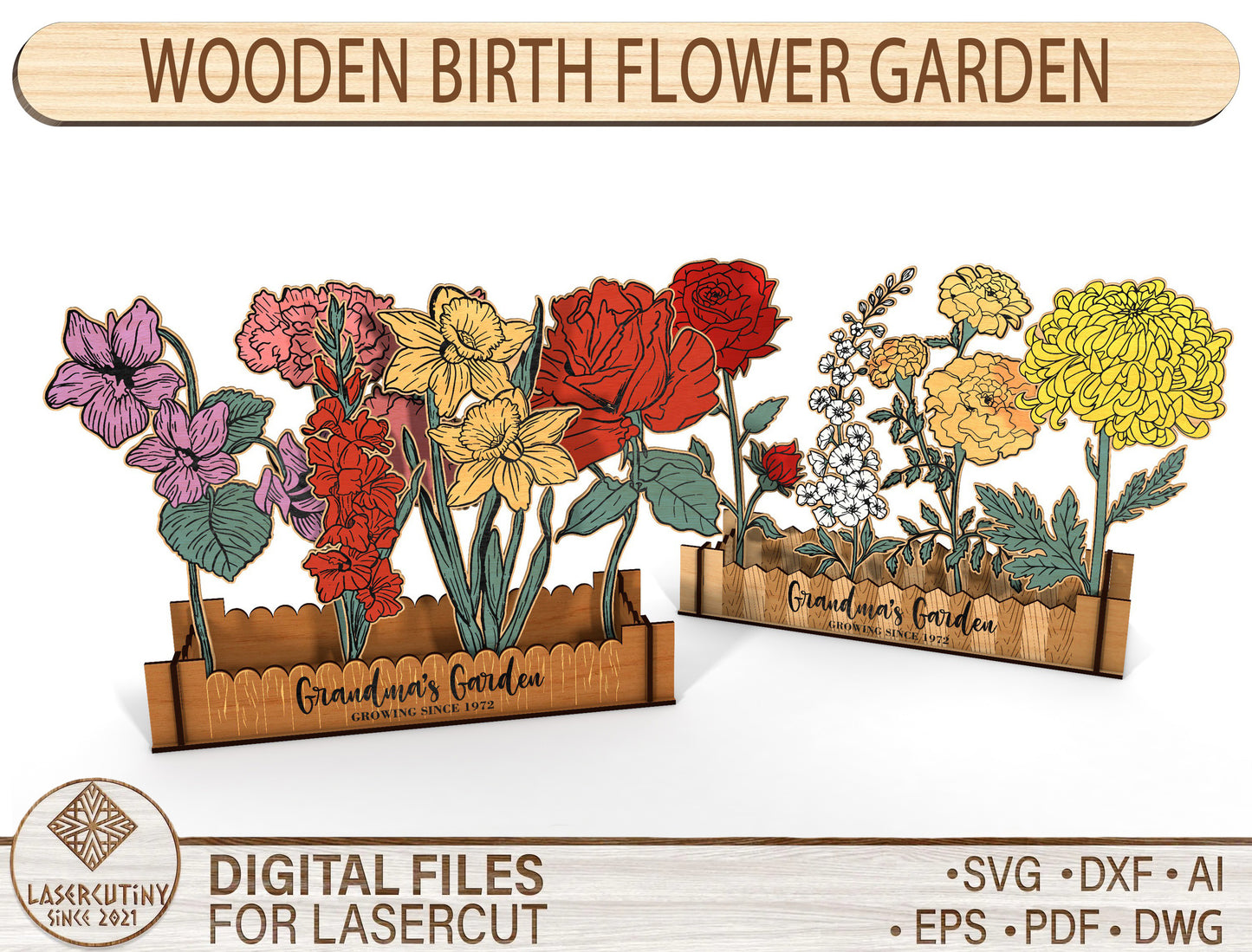 Birth Flower Garden Box SVG Bundle Floral Fence for xTool and LightBurn