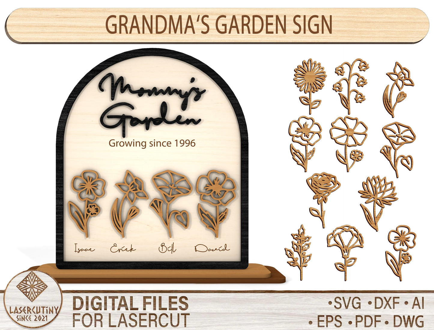 Grandma Garden Floral Arch Sign SVG Bundle for LightBurn and xTool
