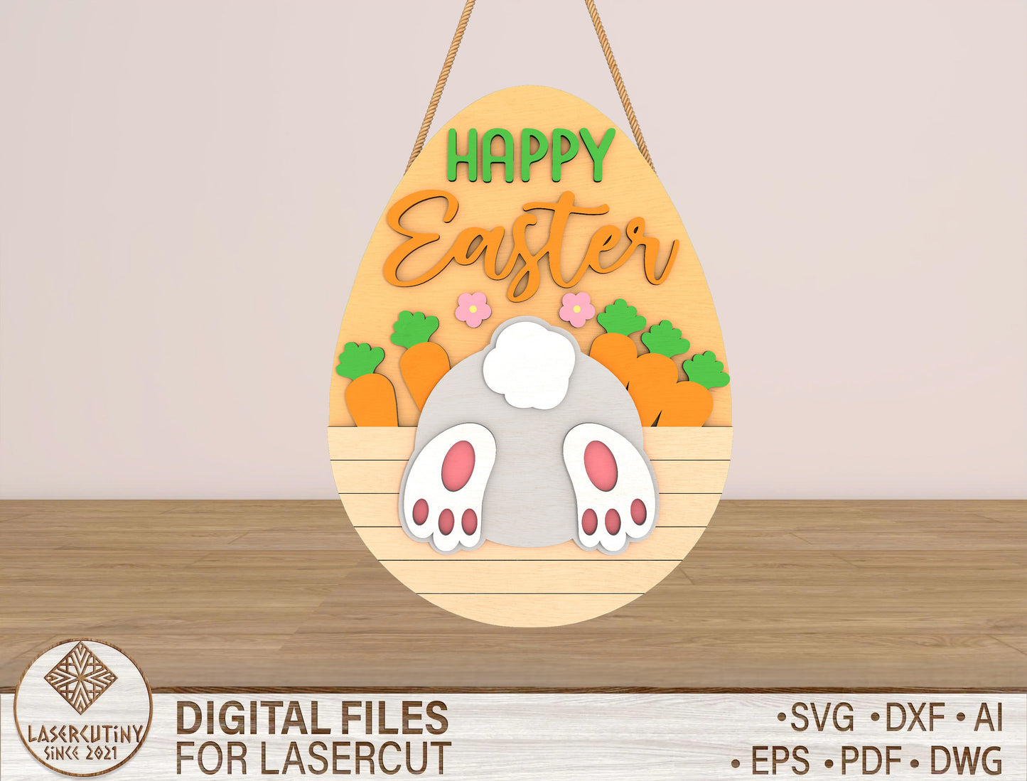 Happy Easter Door Hanger SVG Bunny Butt Egg Sign for LightBurn and xTool