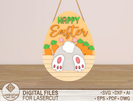 Happy Easter Door Hanger SVG Bunny Butt Egg Sign for LightBurn and xTool