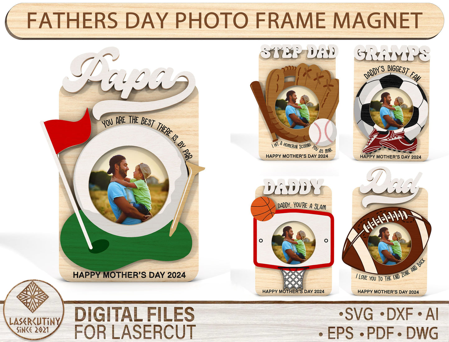 Father's Day Sports Photo Magnet SVG Bundle Laser Cut File for Glowforge and LightBurn