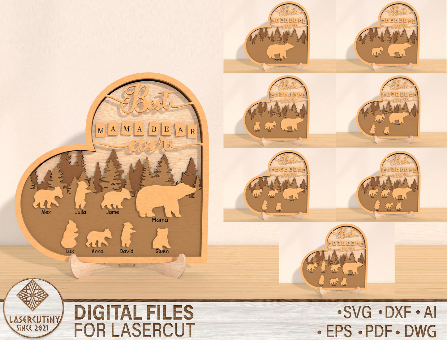 Mama Bear Family Sign SVG Bundle 7 Designs for LightBurn and xTool