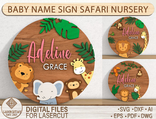 Personalized Baby Name Round Sign | Safari Nursery Name Sign SVG | Wooden Kids Room Decor Laser Cut File