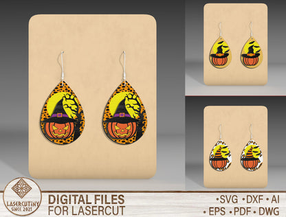 Halloween Witch Pumpkin Teardrop Earrings SVG Bundle 3 Designs for xTool LightBurn Glowforge